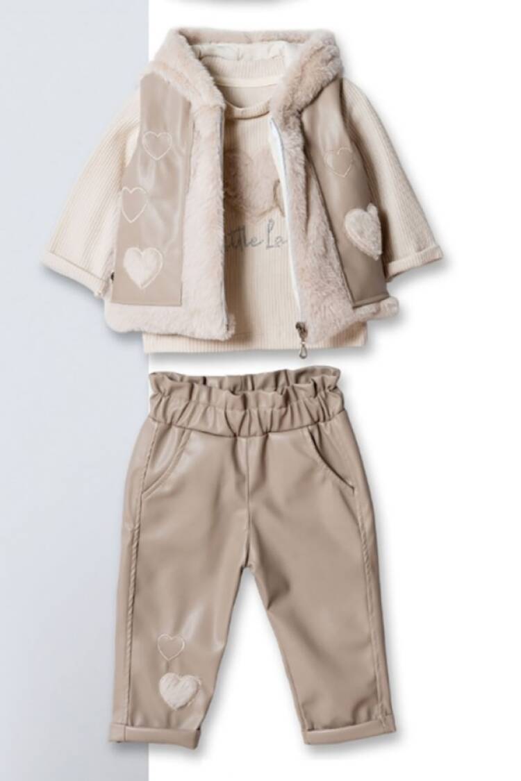 Baby Sets - B1 - Kalp Nakışlı Peluş Yelekli Üçlü Kız Bebe Takım - Brand: HİPPIL - Women & Kids, Baby Clothes Wholesale - Globality Store