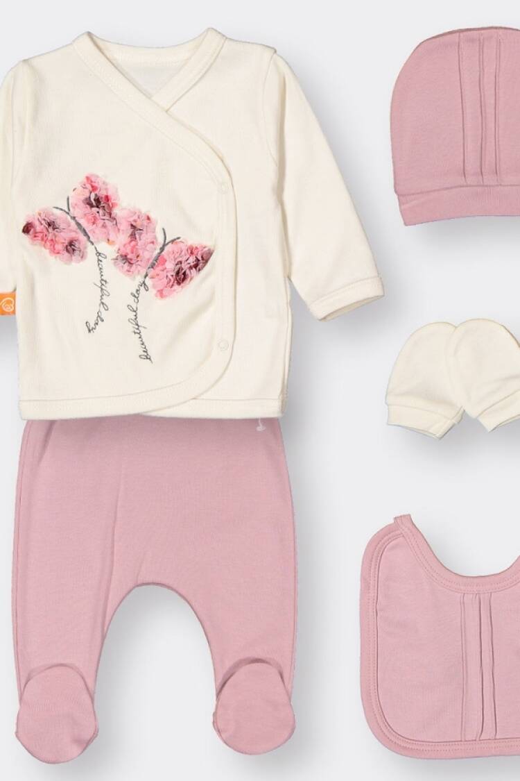 Newborn - B1 - Kelebek Nakışlı 5li Kız Hastane Çıkışı Zıbın Set - Brand: BEYAZ BEBEK - Women & Kids, Baby Clothes Wholesale - Globality Store