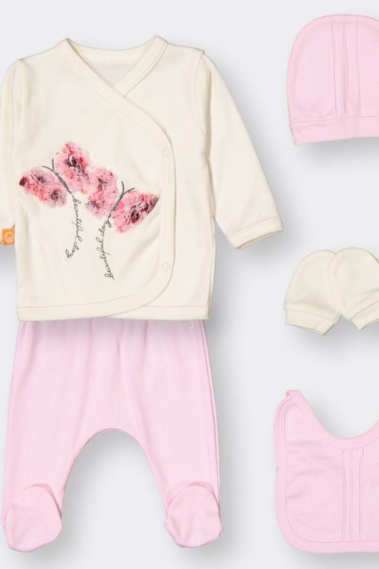 Newborn - B1 - Kelebek Nakışlı 5li Kız Hastane Çıkışı Zıbın Set - Brand: BEYAZ BEBEK - Women & Kids, Baby Clothes Wholesale - Globality Store