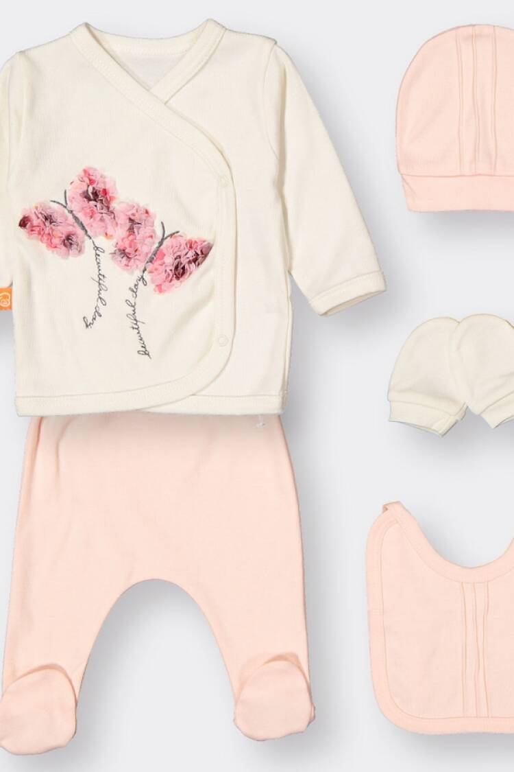 Newborn - B1 - Kelebek Nakışlı 5li Kız Hastane Çıkışı Zıbın Set - Brand: BEYAZ BEBEK - Women & Kids, Baby Clothes Wholesale - Globality Store