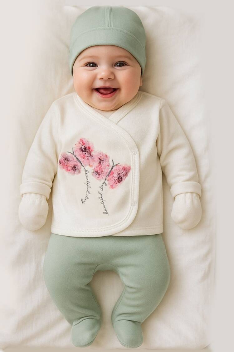Newborn - B1 - Kelebek Nakışlı 5li Kız Hastane Çıkışı Zıbın Set - Brand: BEYAZ BEBEK - Women & Kids, Baby Clothes Wholesale - Globality Store