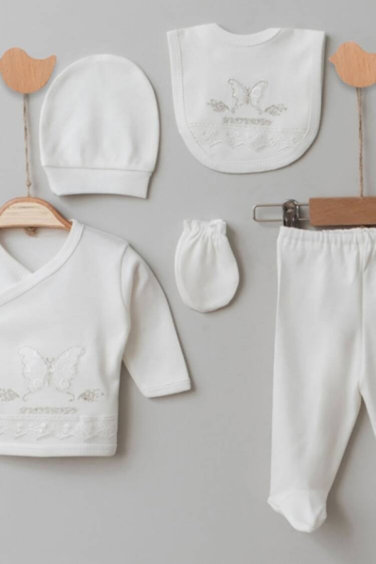 Newborn - B1 - Kelebek Nakışlı 5li Kız Hastane Çıkışı Zıbın Set - Brand: ZIPIR - Women & Kids, Baby Clothes Wholesale - Globality Store