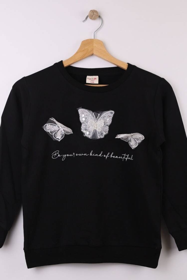 Girls' Tops - B1 - Kelebek Nakışlı Kız Sweat - Brand: STAR FİLE - Women & Kids, Baby Clothes Wholesale - Globality Store