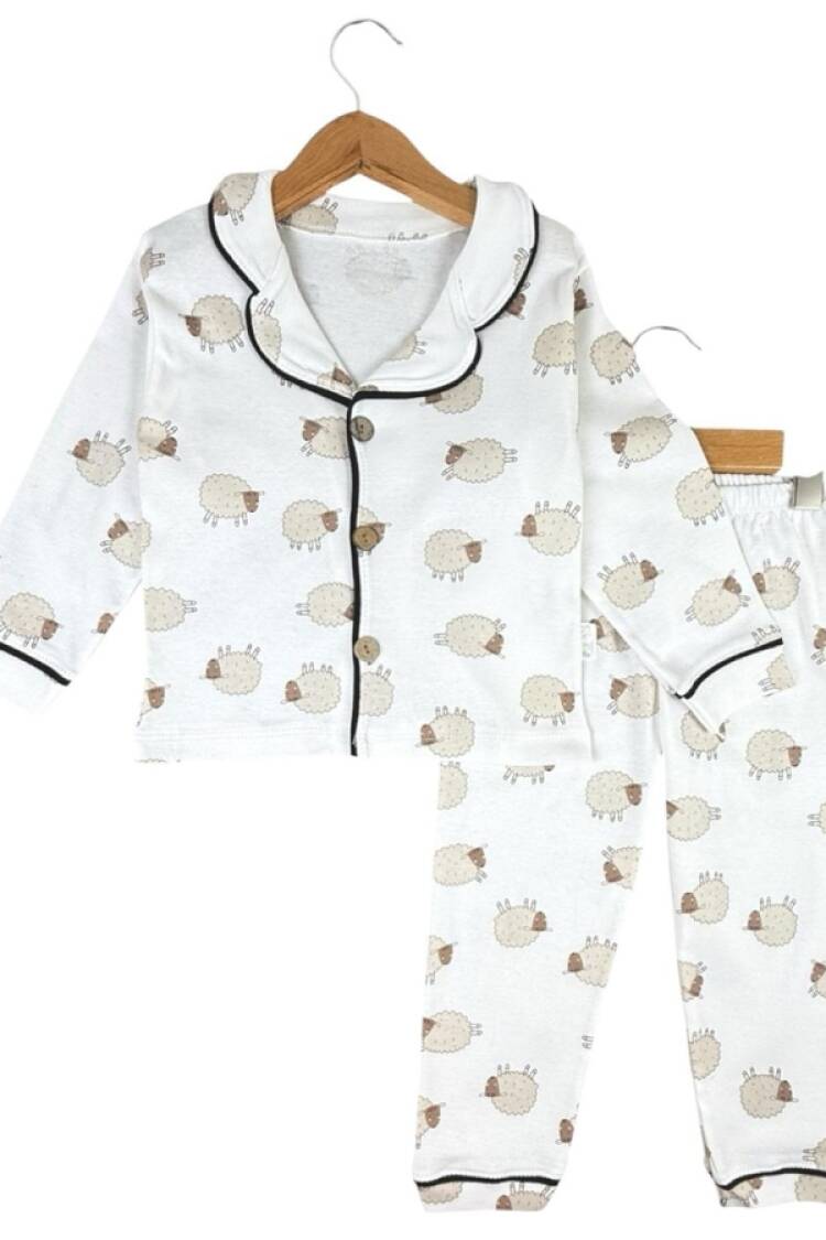 Boy's Pajamas - B1 - Koyun Desenli Yakalı Düğmeli Unisex Pijama Takım - Brand: SÜPERMİNİ - Women & Kids, Baby Clothes Wholesale - Globality Store