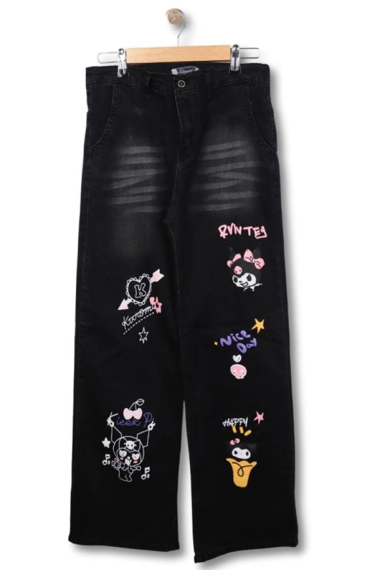 Girls' Bottom Wear - B1 - Kuromi Baskılı Yüksek Bel Geniş Kalıp Kız Kot Pantolon - Brand: SÜZGÜN - Women & Kids, Baby Clothes Wholesale - Globality Store