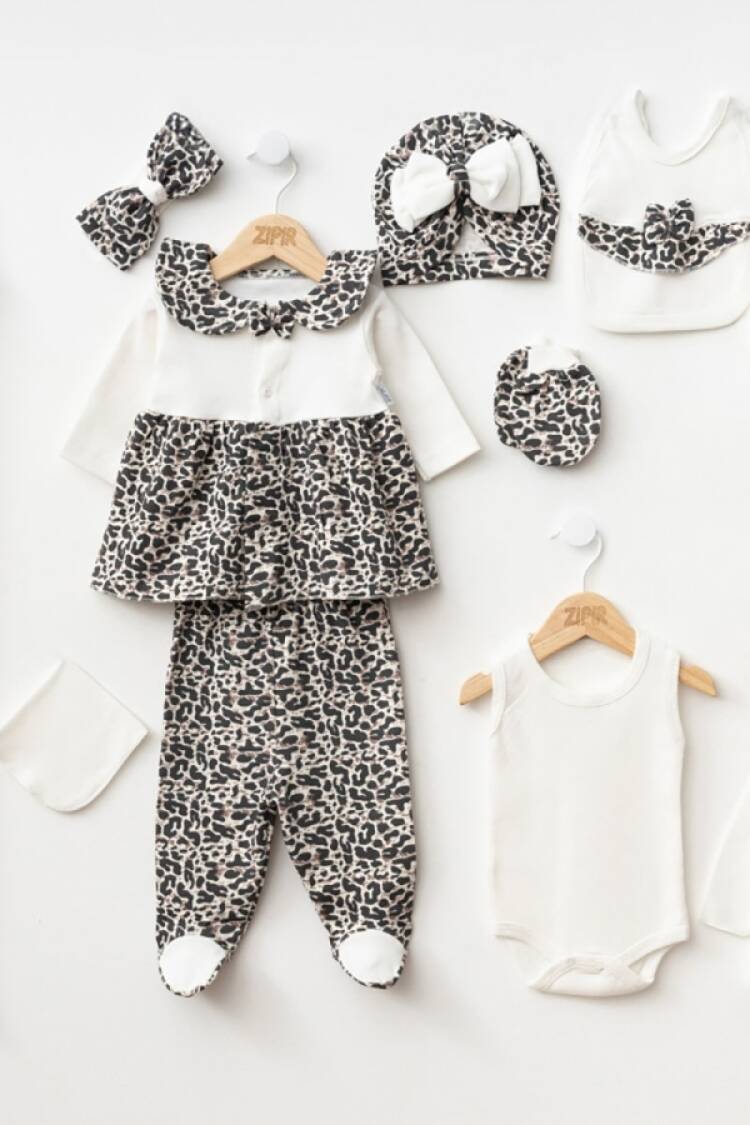 Newborn - B1 - Leopar Desenli 10lu Kız Hastane Çıkışı Zıbın Set - Brand: ZIPIR - Women & Kids, Baby Clothes Wholesale - Globality Store