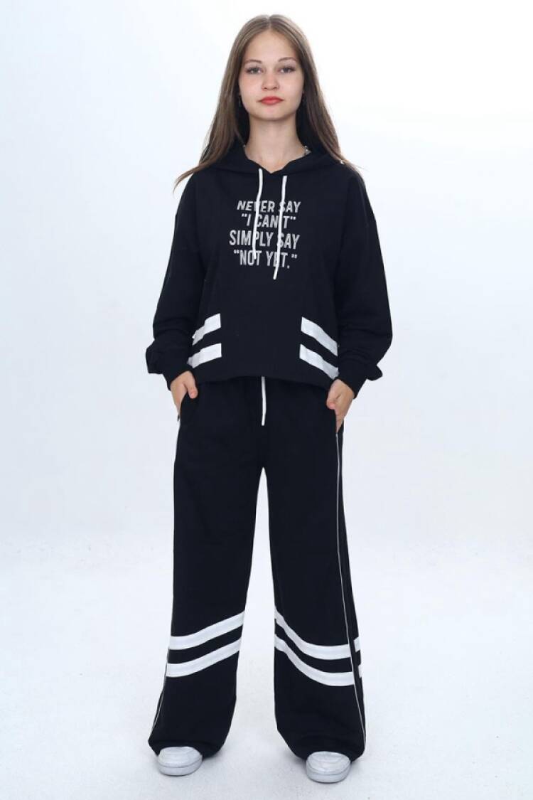 Girls' Suits - B1 - Never Baskılı Kapşonlu Kız Takım - Brand: VIZVIZ - Women & Kids, Baby Clothes Wholesale - Globality Store