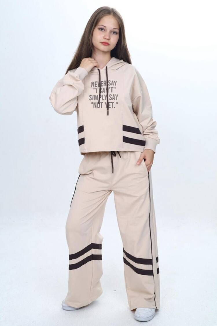 Girls' Suits - B1 - Never Baskılı Kapşonlu Kız Takım - Brand: VIZVIZ - Women & Kids, Baby Clothes Wholesale - Globality Store