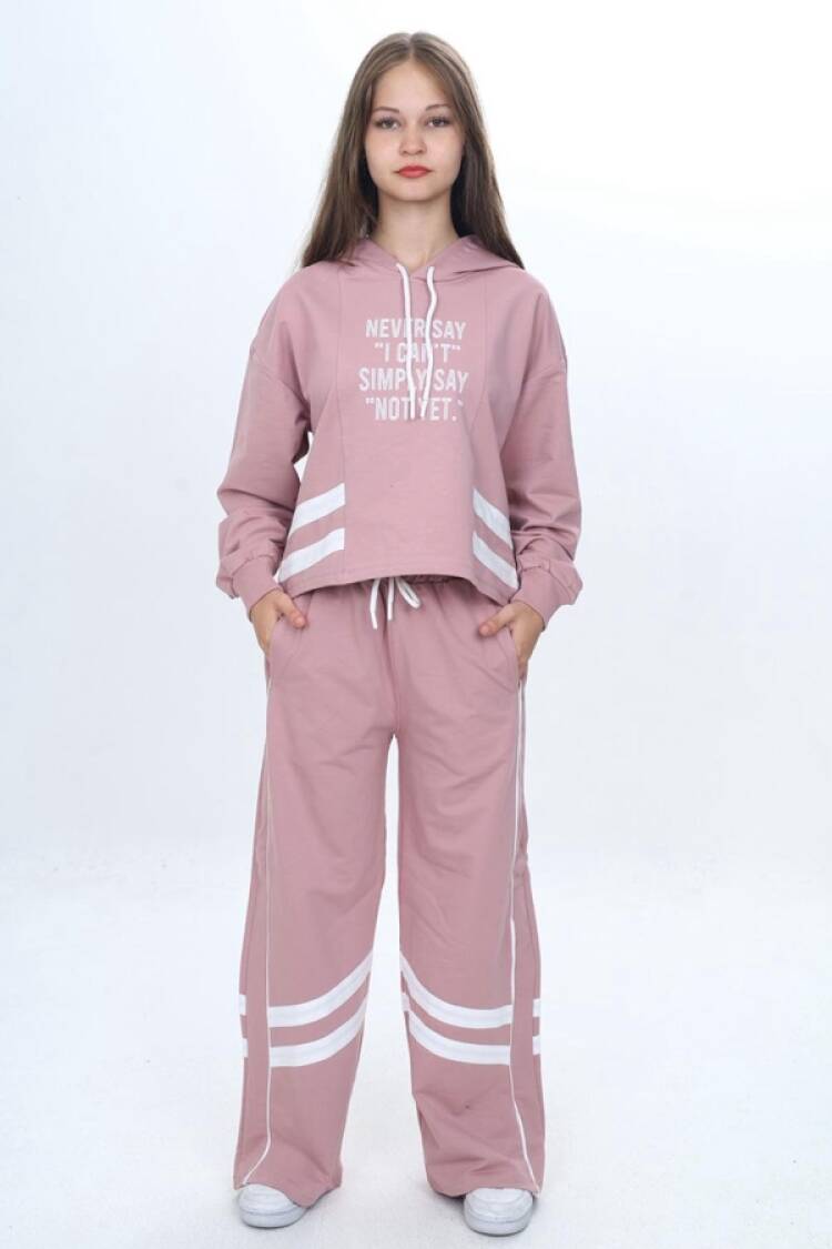 Girls' Suits - B1 - Never Baskılı Kapşonlu Kız Takım - Brand: VIZVIZ - Women & Kids, Baby Clothes Wholesale - Globality Store