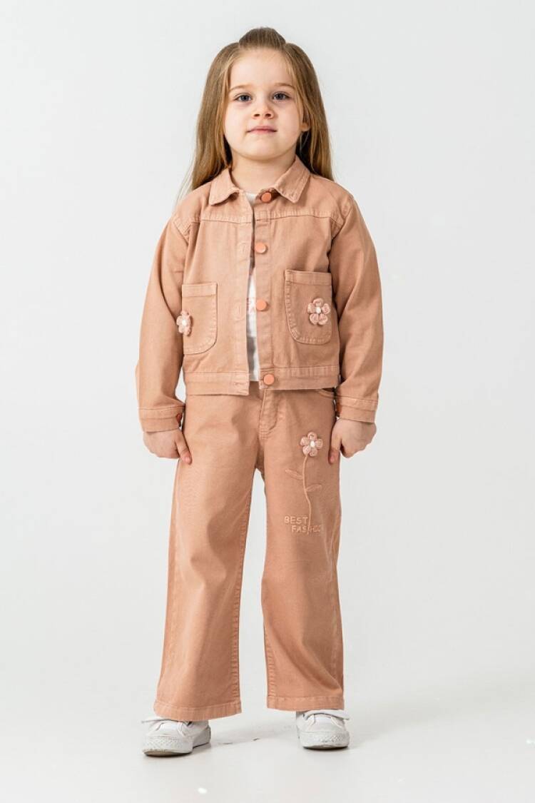 Girls' Suits - B1 - Papatya Detaylı Kız Keten Takım - Brand: PAMPAL KİDS - Women & Kids, Baby Clothes Wholesale - Globality Store