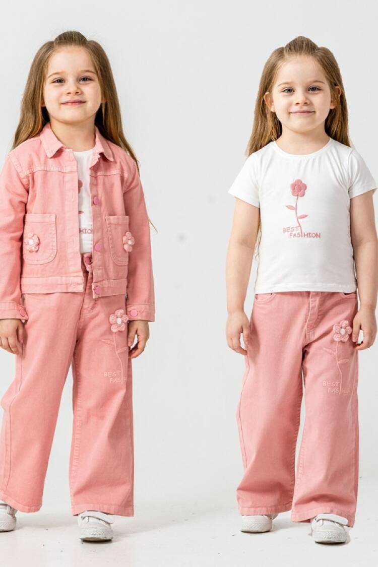 Girls' Suits - B1 - Papatya Detaylı Kız Keten Takım - Brand: PAMPAL KİDS - Women & Kids, Baby Clothes Wholesale - Globality Store