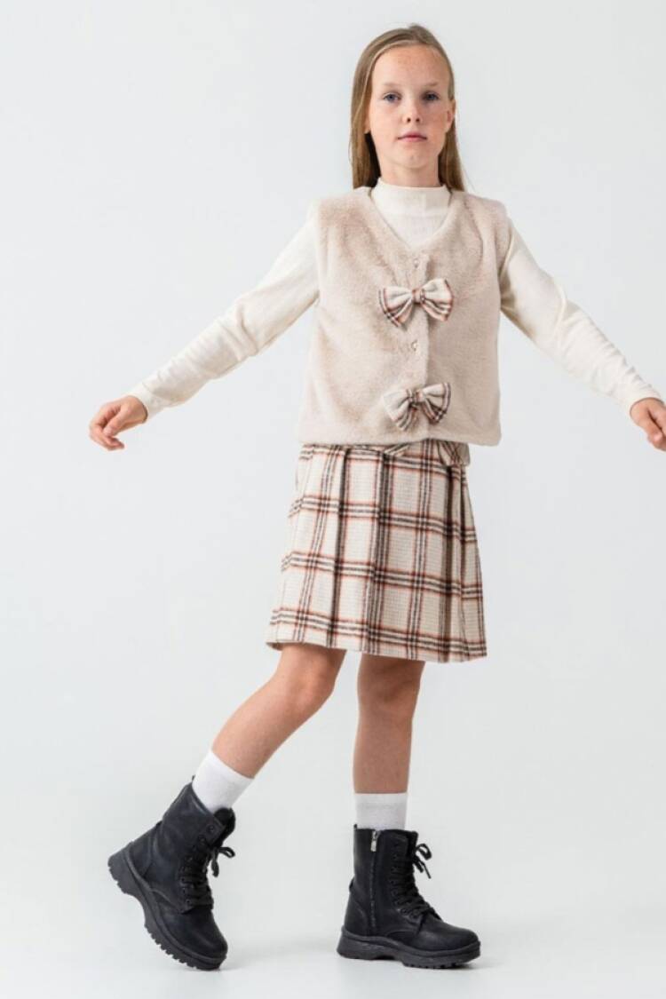 Girls' Suits - B1 - Peluş Yelekli Etekli Üçlü Kız Takım - Brand: ECOLKIZ - Women & Kids, Baby Clothes Wholesale - Globality Store