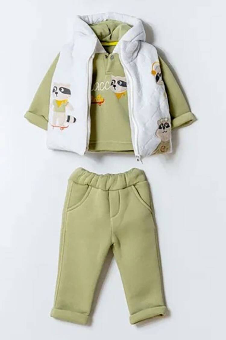 Baby Sets - B1 - Rakun Nakışlı Yelekli Üçlü Erkek Bebe Takım 3 İp Şardonlu - Brand: HİPPIL - Women & Kids, Baby Clothes Wholesale - Globality Store