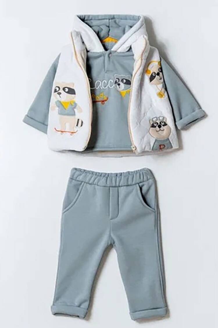 Baby Sets - B1 - Rakun Nakışlı Yelekli Üçlü Erkek Bebe Takım 3 İp Şardonlu - Brand: HİPPIL - Women & Kids, Baby Clothes Wholesale - Globality Store