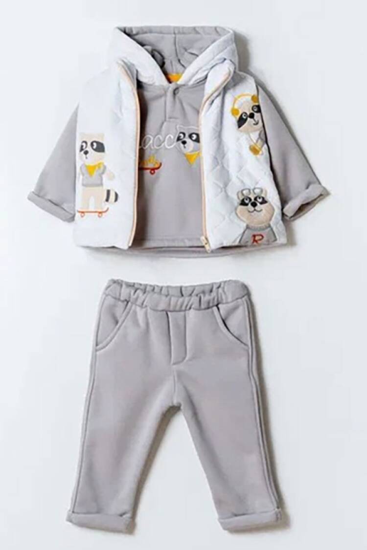 Baby Sets - B1 - Rakun Nakışlı Yelekli Üçlü Erkek Bebe Takım 3 İp Şardonlu - Brand: HİPPIL - Women & Kids, Baby Clothes Wholesale - Globality Store