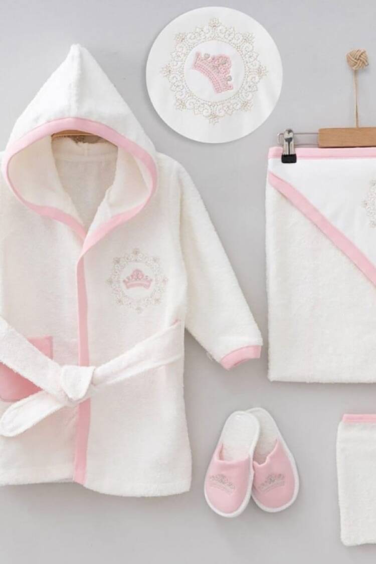 Newborn - B1 - Taç Nakışlı Unisex Bebe 5li Bornoz Set - Brand: ZIPIR - Women & Kids, Baby Clothes Wholesale - Globality Store