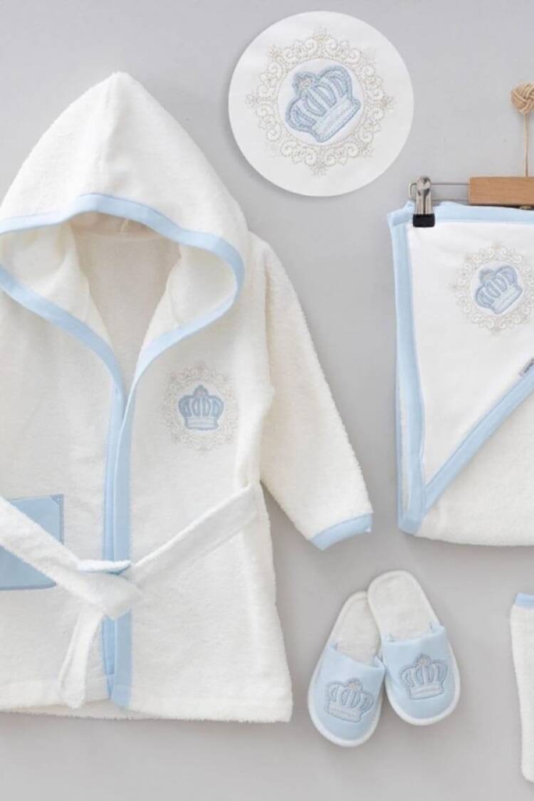 Newborn - B1 - Taç Nakışlı Unisex Bebe 5li Bornoz Set - Brand: ZIPIR - Women & Kids, Baby Clothes Wholesale - Globality Store