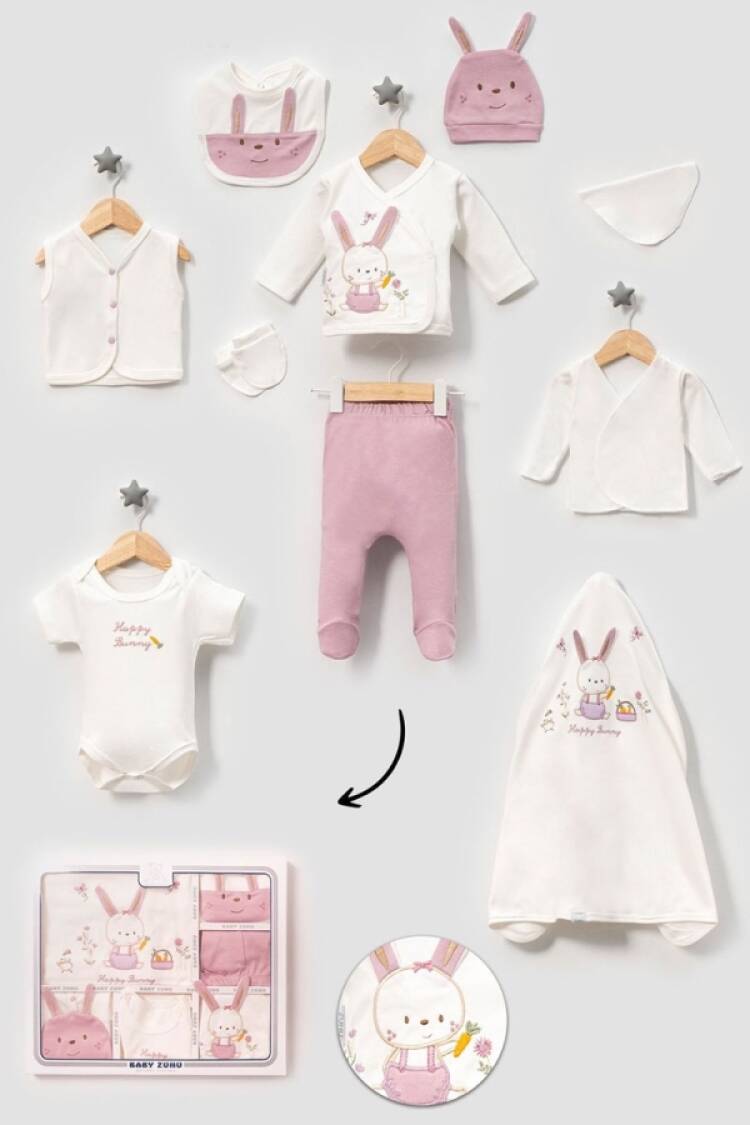 Newborn - B1 - Tavşan Baskılı 10lu Kız Hastane Çıkışı Zıbın Set - Brand: BABY ZUHU - Women & Kids, Baby Clothes Wholesale - Globality Store