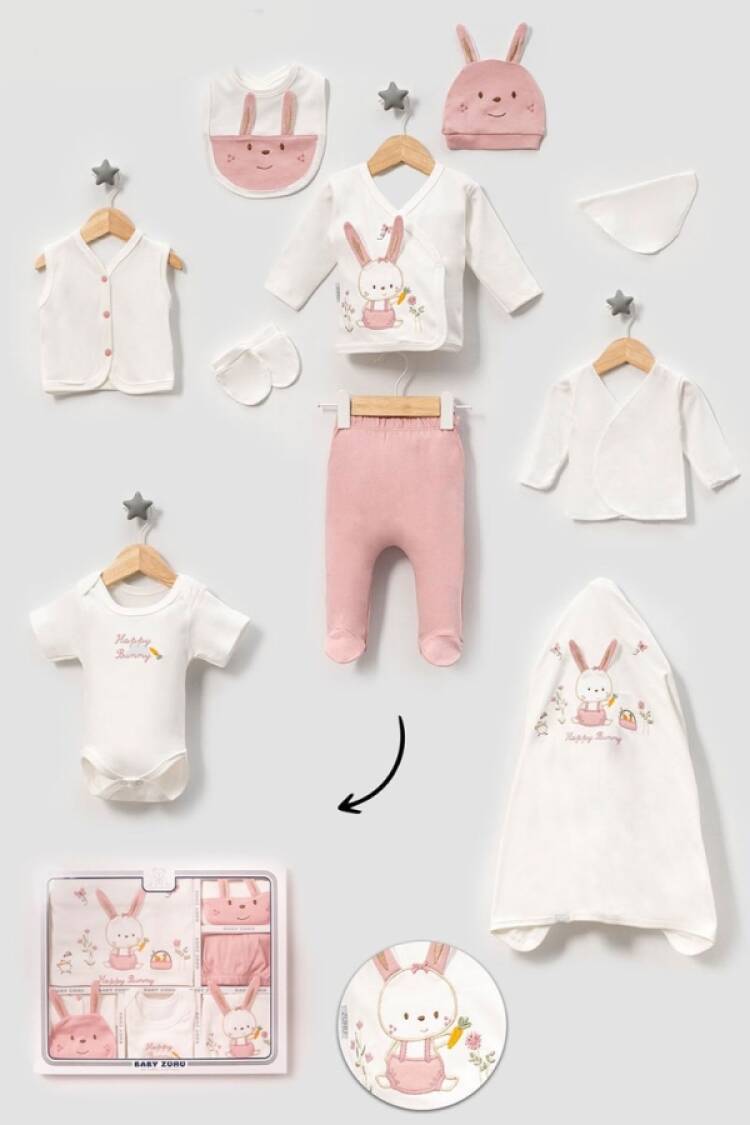 Newborn - B1 - Tavşan Baskılı 10lu Kız Hastane Çıkışı Zıbın Set - Brand: BABY ZUHU - Women & Kids, Baby Clothes Wholesale - Globality Store