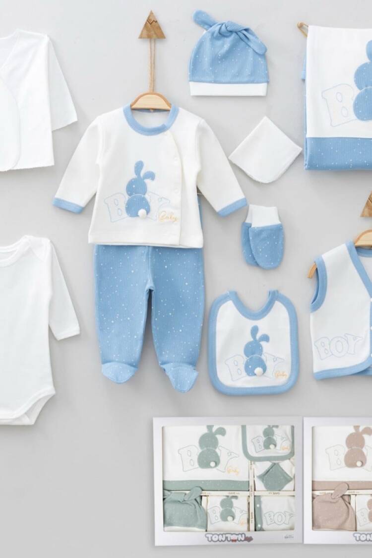 Newborn - B1 - Tavşan Nakışlı 10lü Erkek Bebe Hastane Çıkışı Set - Brand: GAYE BEBE - Women & Kids, Baby Clothes Wholesale - Globality Store