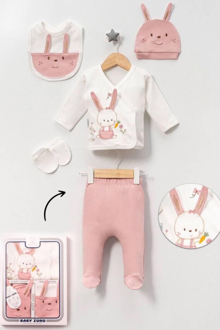Newborn - B1 - Tavşan Nakışlı 5li Kız Hastane Çıkışı Zıbın Set - Brand: BABY ZUHU - Women & Kids, Baby Clothes Wholesale - Globality Store