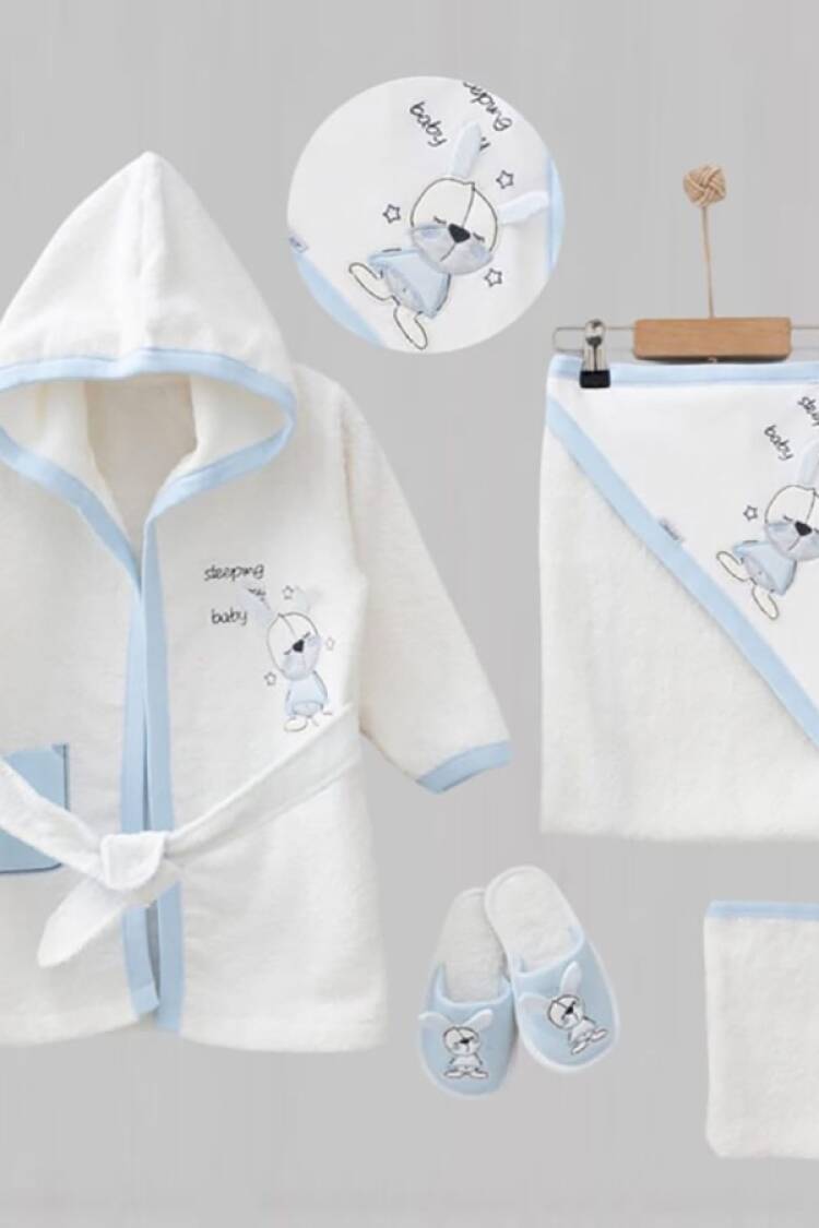 Newborn - B1 - Tavşan Nakışlı Unisex Bebe 5li Bornoz Set - Brand: ZIPIR - Women & Kids, Baby Clothes Wholesale - Globality Store