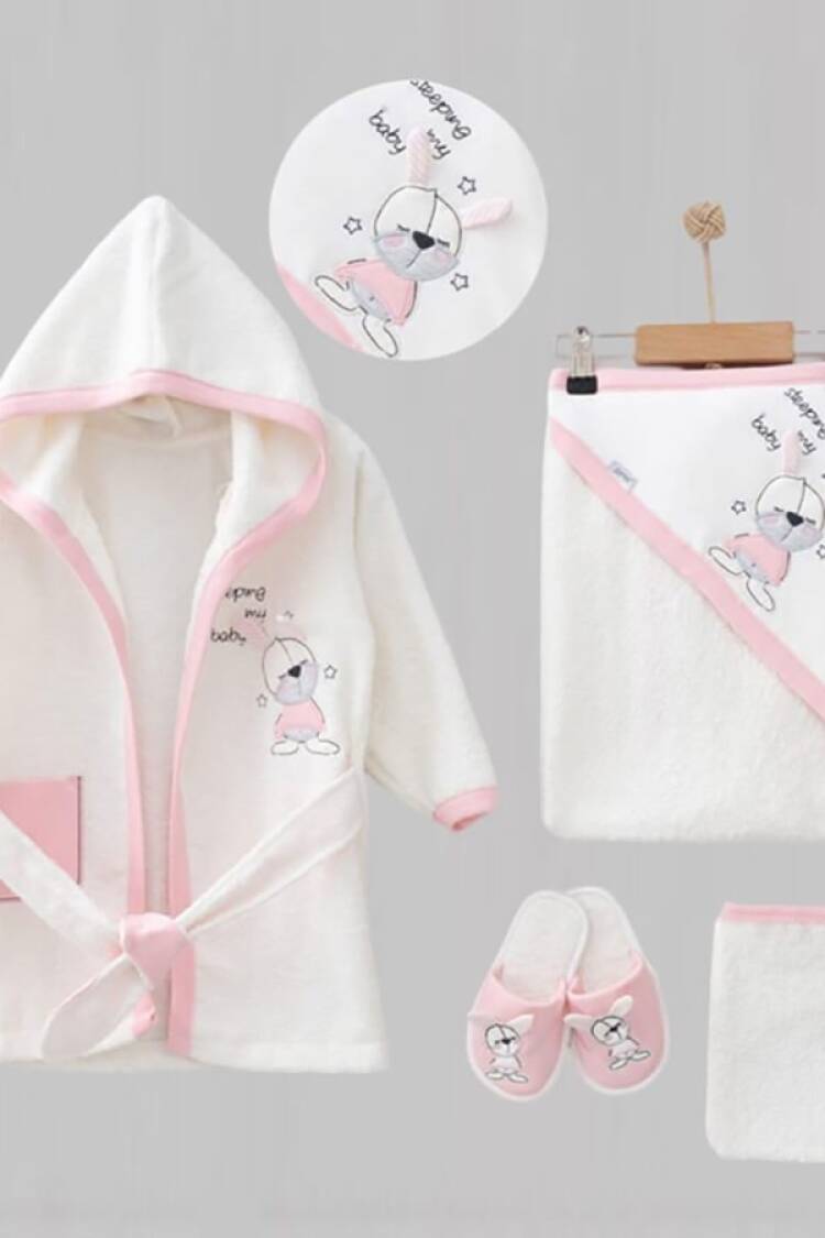 Newborn - B1 - Tavşan Nakışlı Unisex Bebe 5li Bornoz Set - Brand: ZIPIR - Women & Kids, Baby Clothes Wholesale - Globality Store