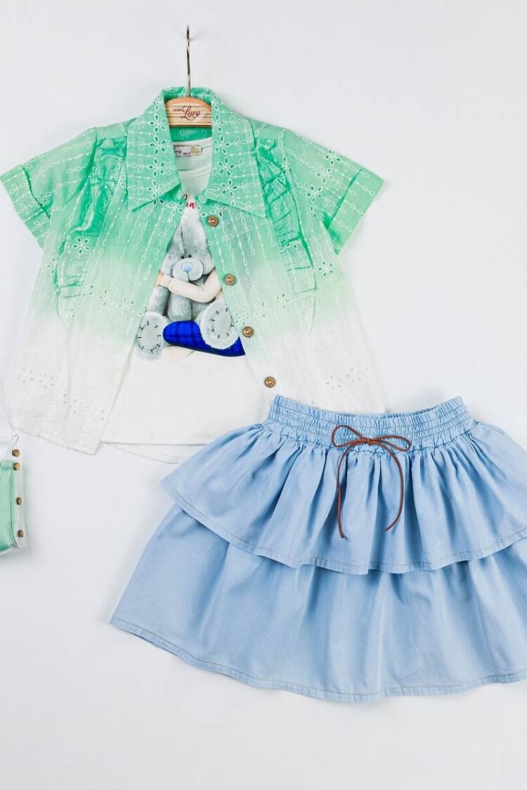 Girls' Suits - Toptan 4'lü Batikli Brode Gömlek Badi Kot Etek Çantalı Takım 2-6Y 1055-5310 - Brand: Miss Lore - Women & Kids, Baby Clothes Wholesale - Globality Store