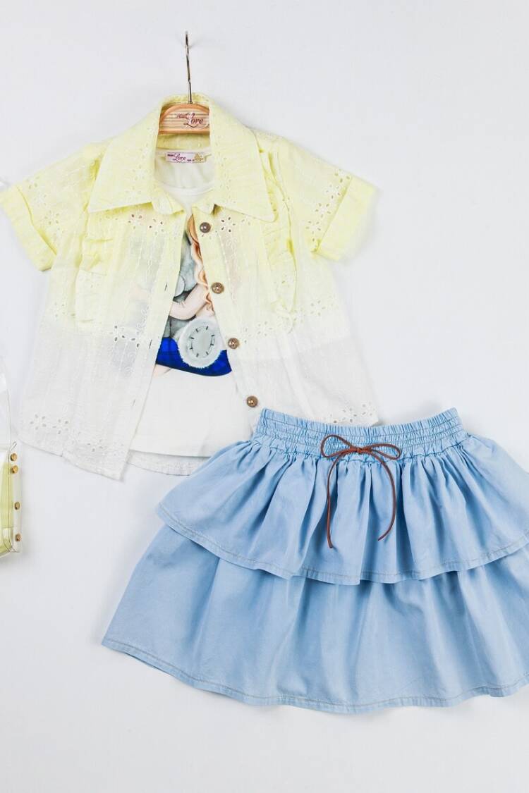Girls' Suits - Toptan 4'lü Batikli Brode Gömlek Badi Kot Etek Çantalı Takım 2-6Y 1055-5310 - Brand: Miss Lore - Women & Kids, Baby Clothes Wholesale - Globality Store