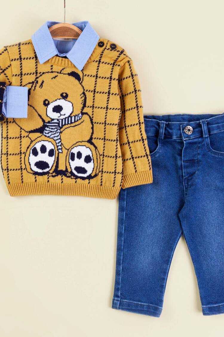 Baby Sets - Toptan Bebek 3'lü Kazak Gömlek ve Kot Pantolon Takım 6-18M 2009-5150 - Brand: Babymuz - Women & Kids, Baby Clothes Wholesale - Globality Store