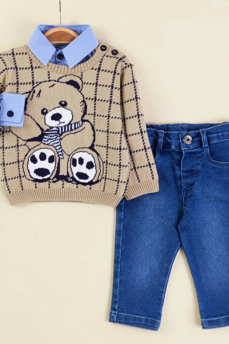 Baby Sets - Toptan Bebek 3'lü Kazak Gömlek ve Kot Pantolon Takım 6-18M 2009-5150 - Brand: Babymuz - Women & Kids, Baby Clothes Wholesale - Globality Store