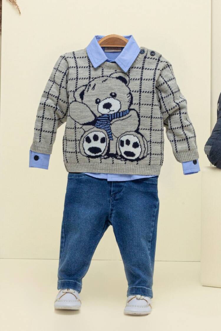 Baby Sets - Toptan Bebek 3'lü Kazak Gömlek ve Kot Pantolon Takım 6-18M 2009-5150 - Brand: Babymuz - Women & Kids, Baby Clothes Wholesale - Globality Store