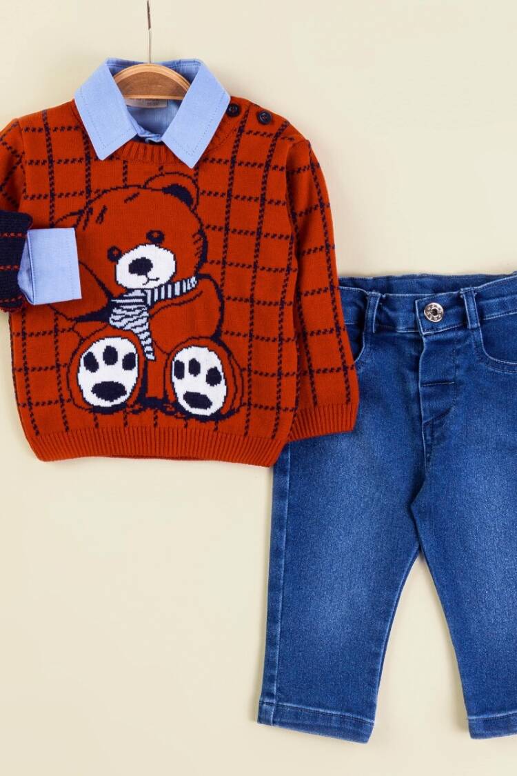 Baby Sets - Toptan Bebek 3'lü Kazak Gömlek ve Kot Pantolon Takım 6-18M 2009-5150 - Brand: Babymuz - Women & Kids, Baby Clothes Wholesale - Globality Store