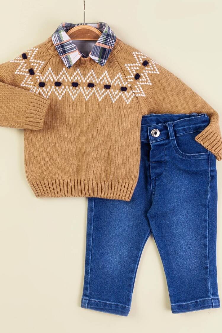 Baby Sets - Toptan Bebek 3'lü Kazak Gömlek ve Kot Pantolon Takım 9-24M 2009-5157 - Brand: Babymuz - Women & Kids, Baby Clothes Wholesale - Globality Store