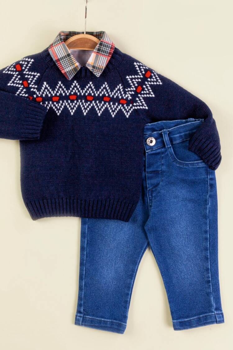 Baby Sets - Toptan Bebek 3'lü Kazak Gömlek ve Kot Pantolon Takım 9-24M 2009-5157 - Brand: Babymuz - Women & Kids, Baby Clothes Wholesale - Globality Store