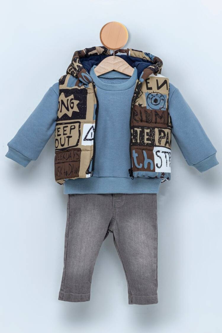 Baby Sets - Toptan Bebek 3'lü Yelek Sweatshirt ve Kot Pantolon Takım 9-24M 1014-CMN3375 - Brand: Cumino - Women & Kids, Baby Clothes Wholesale - Globality Store