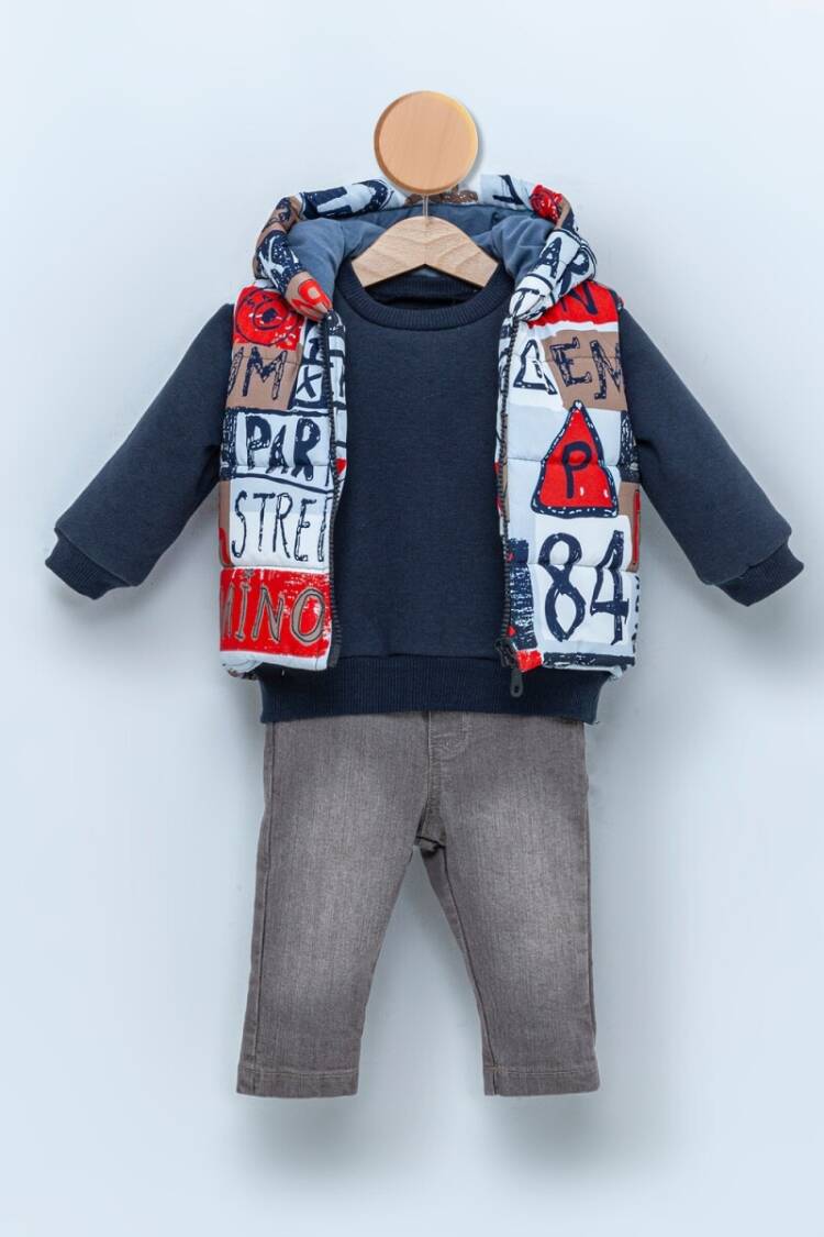 Baby Sets - Toptan Bebek 3'lü Yelek Sweatshirt ve Kot Pantolon Takım 9-24M 1014-CMN3375 - Brand: Cumino - Women & Kids, Baby Clothes Wholesale - Globality Store