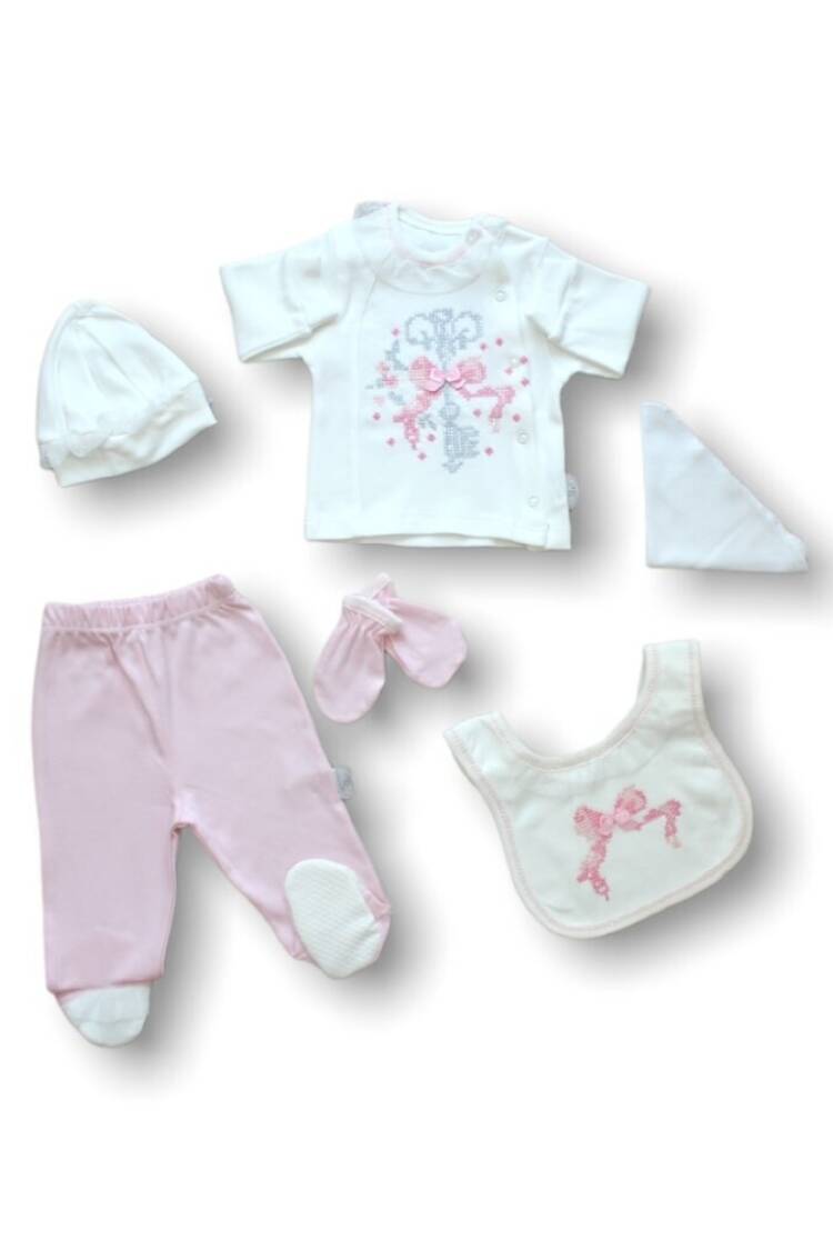 Baby Sets - Toptan Bebek Kanaviçe 5'li Zıbın Seti 0-3M 1074-15244 - Brand: Tomuycuk - Women & Kids, Baby Clothes Wholesale - Globality Store