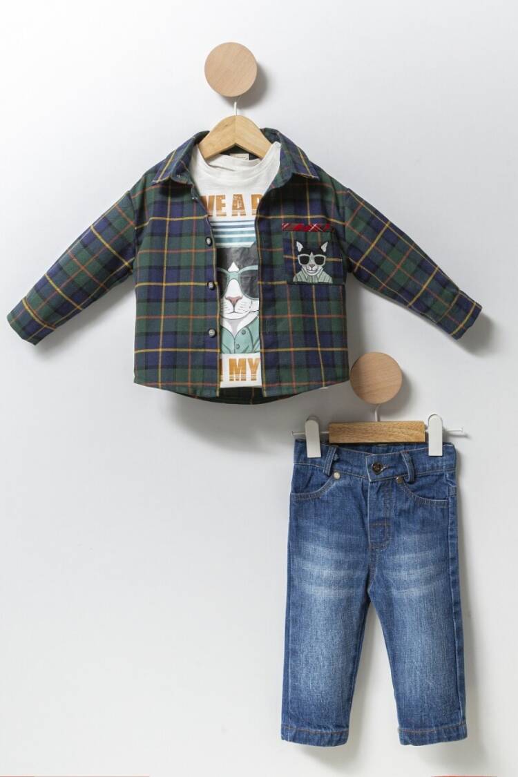 Baby Sets - Toptan Erkek Bebek 3'lü Gömlek T-shirt ve Kot Pantolon Takım 9-24M 1014-CMN3357 - Brand: Cumino - Women & Kids, Baby Clothes Wholesale - Globality Store
