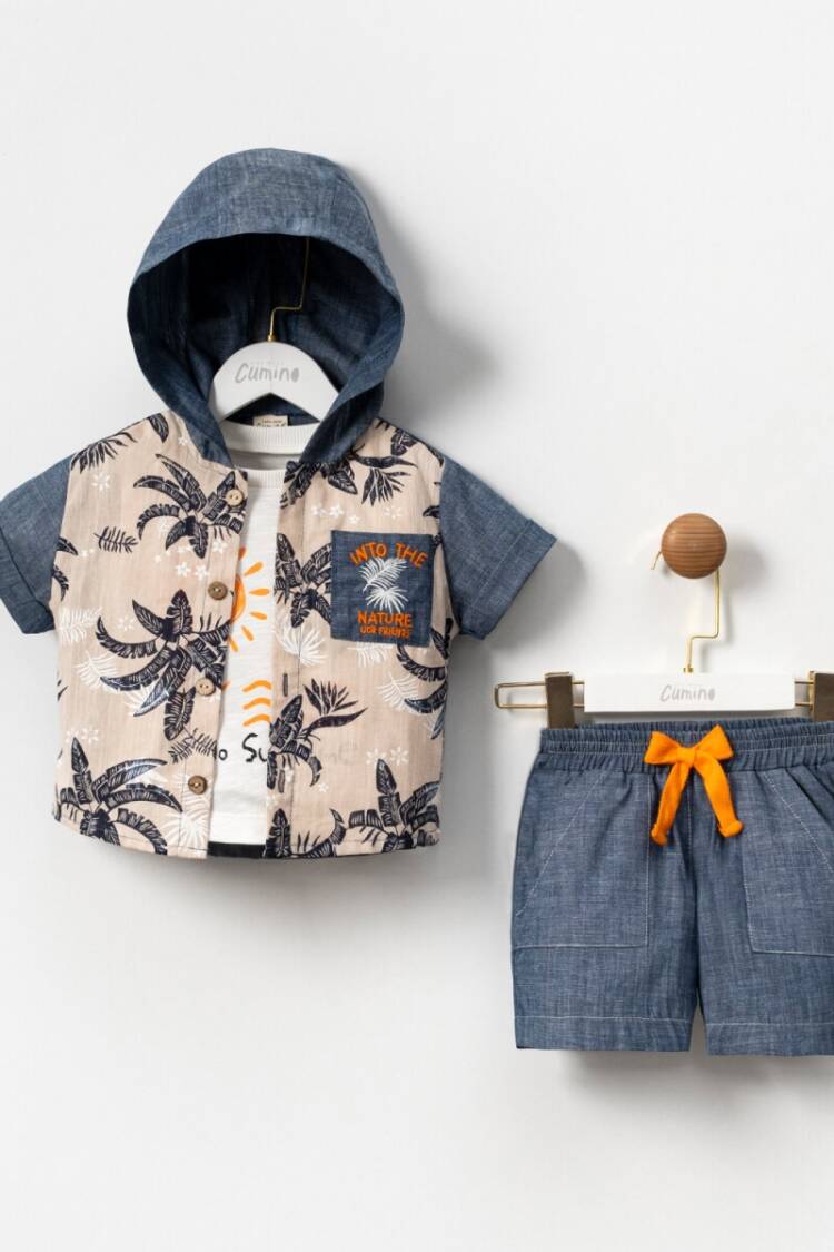 Baby Sets - Toptan Erkek Bebek 3'lü Tişört, Gömlek ve Şort Takımı 9-24M 1014-CMN3523 - Brand: Cumino - Women & Kids, Baby Clothes Wholesale - Globality Store