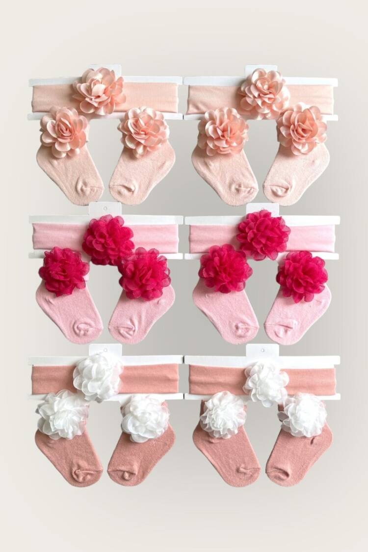 Other Accessories - Toptan Kız Bebek Çiçekli Bandana Çorap Set 0-6M 2047-1152 - Brand: Algiy Mini - Women & Kids, Baby Clothes Wholesale - Globality Store