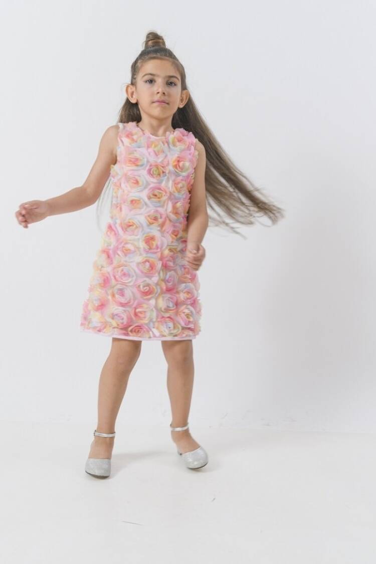 Girl's Dress - Toptan Kız Çocuk Renkli Güllü Düz Dar Elbise 2-5Y 1022-24323 - Brand: Wecan - Women & Kids, Baby Clothes Wholesale - Globality Store