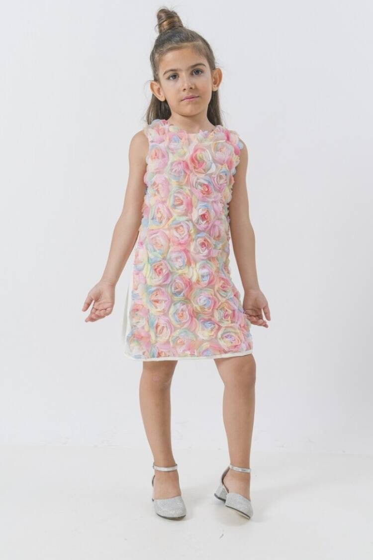 Girl's Dress - Toptan Kız Çocuk Renkli Güllü Düz Dar Elbise 2-5Y 1022-24323 - Brand: Wecan - Women & Kids, Baby Clothes Wholesale - Globality Store
