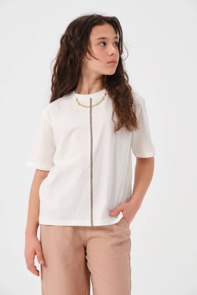 Girls' Tops - Toptan Kız Çocuk Zincir Kolye Detaylı Baskılı T-shirt 8-15Y 2051-241Z4ALP51 - Brand: Jazziee - Women & Kids, Baby Clothes Wholesale - Globality Store