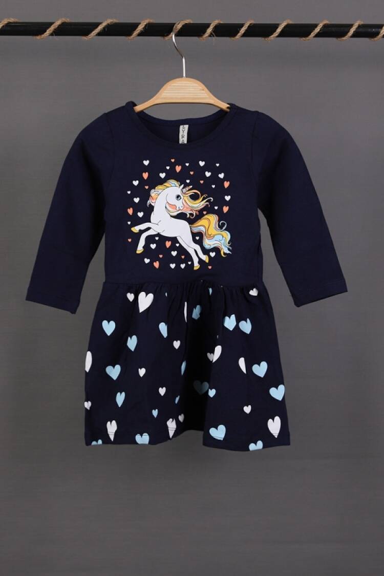 Girl's Dress - B1 - Unicorn Baskılı Penye Elbise - Brand: LYRA KİDS - Women & Kids, Baby Clothes Wholesale - Globality Store