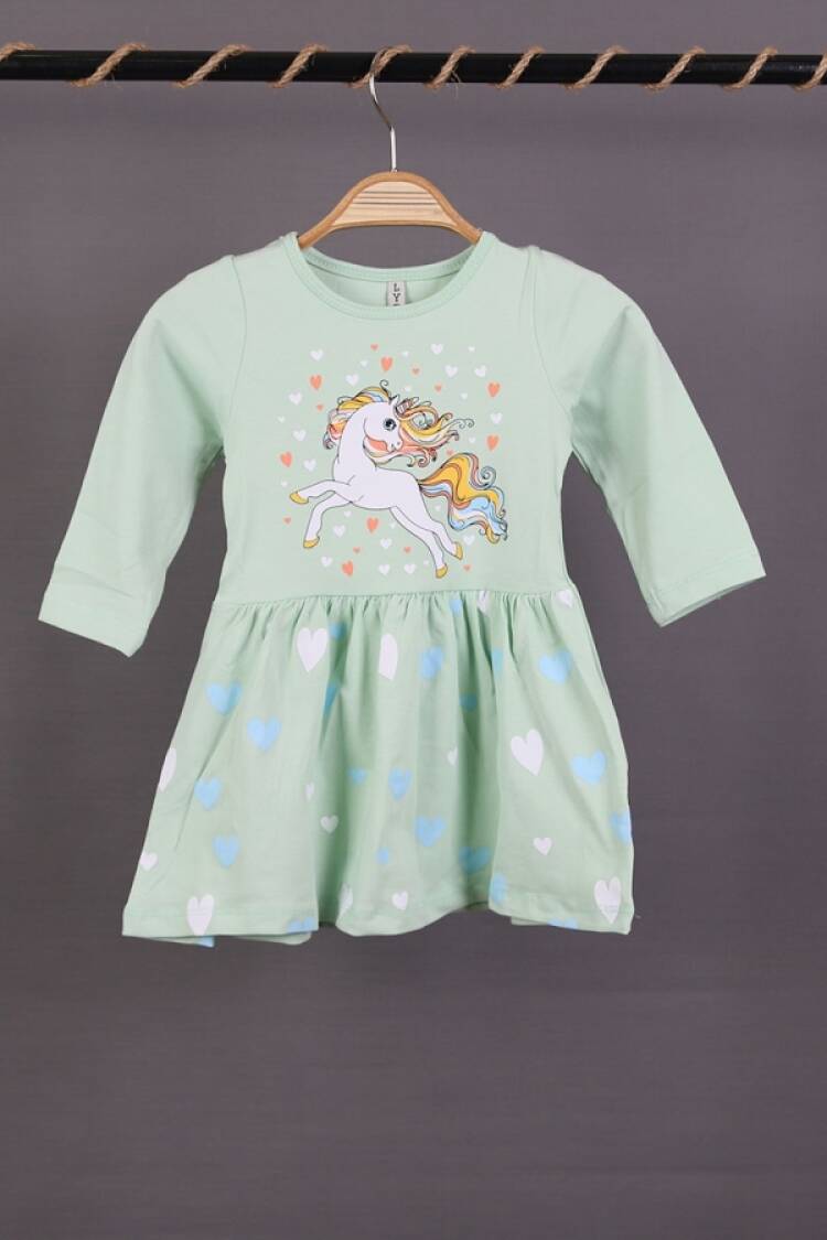 Girl's Dress - B1 - Unicorn Baskılı Penye Elbise - Brand: LYRA KİDS - Women & Kids, Baby Clothes Wholesale - Globality Store