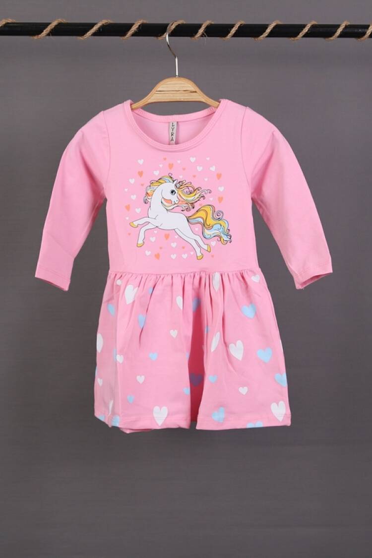 Girl's Dress - B1 - Unicorn Baskılı Penye Elbise - Brand: LYRA KİDS - Women & Kids, Baby Clothes Wholesale - Globality Store