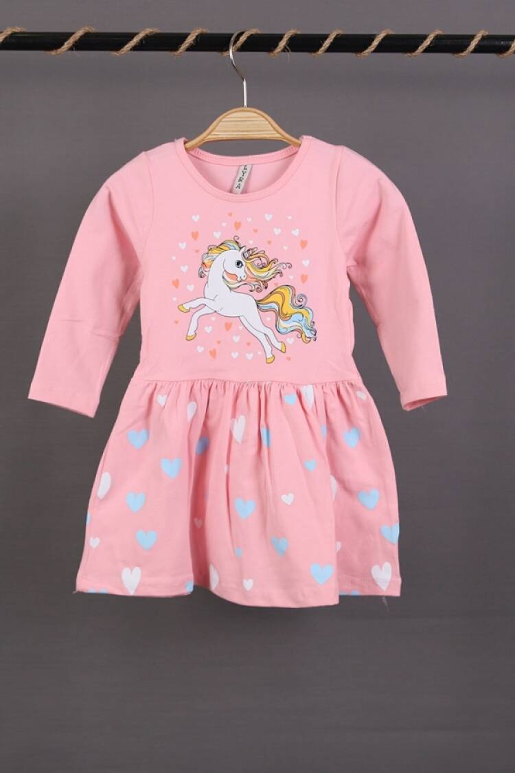 Girl's Dress - B1 - Unicorn Baskılı Penye Elbise - Brand: LYRA KİDS - Women & Kids, Baby Clothes Wholesale - Globality Store