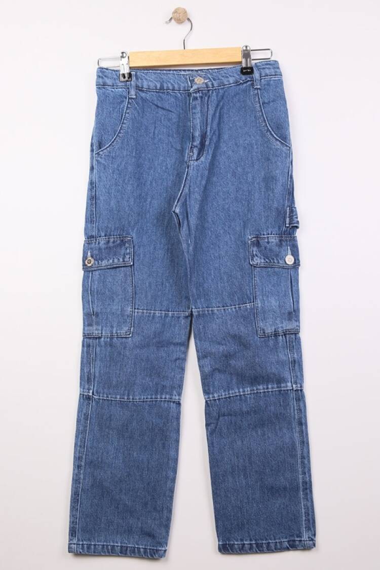 Girls' Bottom Wear - B1 - Yüksek Bel Geniş Paça Komando Cepli Kız Kot Pantolon - Brand: SÜZGÜN - Women & Kids, Baby Clothes Wholesale - Globality Store
