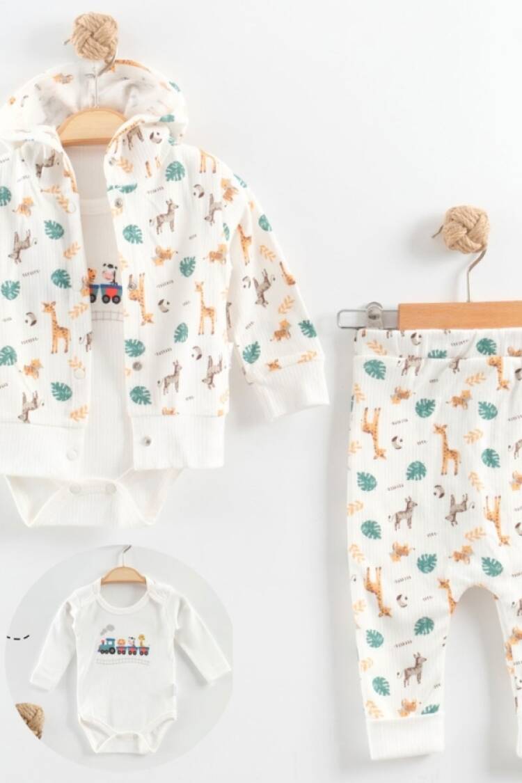 Baby Sets - B1 - Zürafa Desenli Hırkalı Üçlü Erkek Bebe Takım - Brand: NAYINOM - Women & Kids, Baby Clothes Wholesale - Globality Store